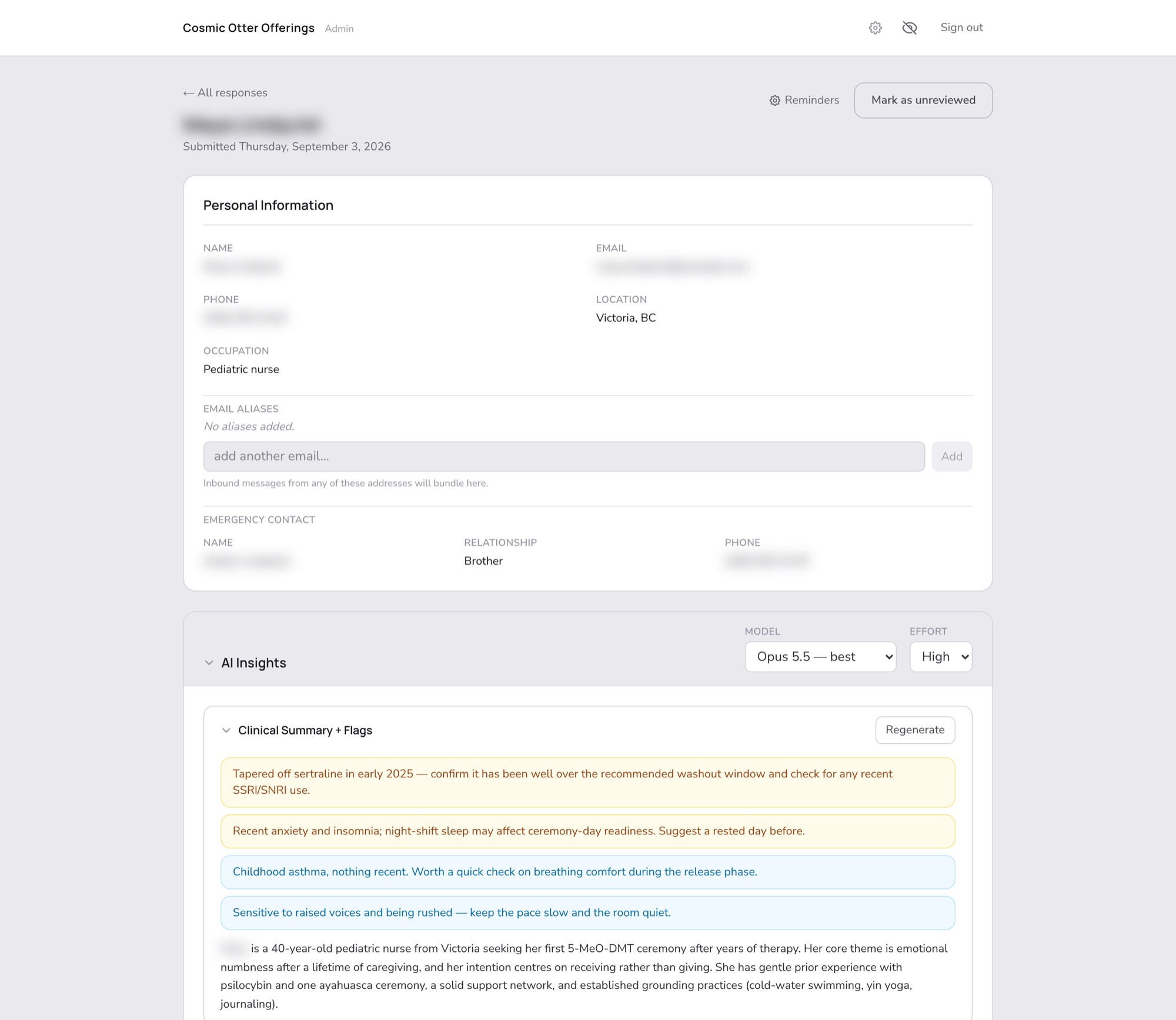 A client profile with personal details blurred and safety flags visible