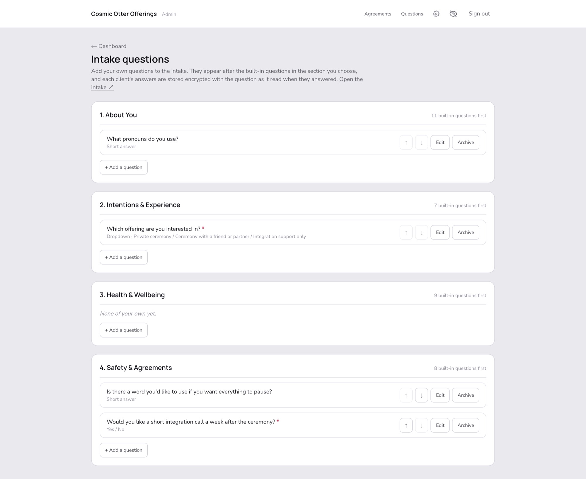 The intake questions editor with custom questions in each section