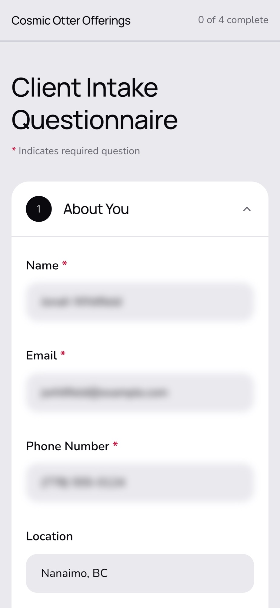The intake form on a phone