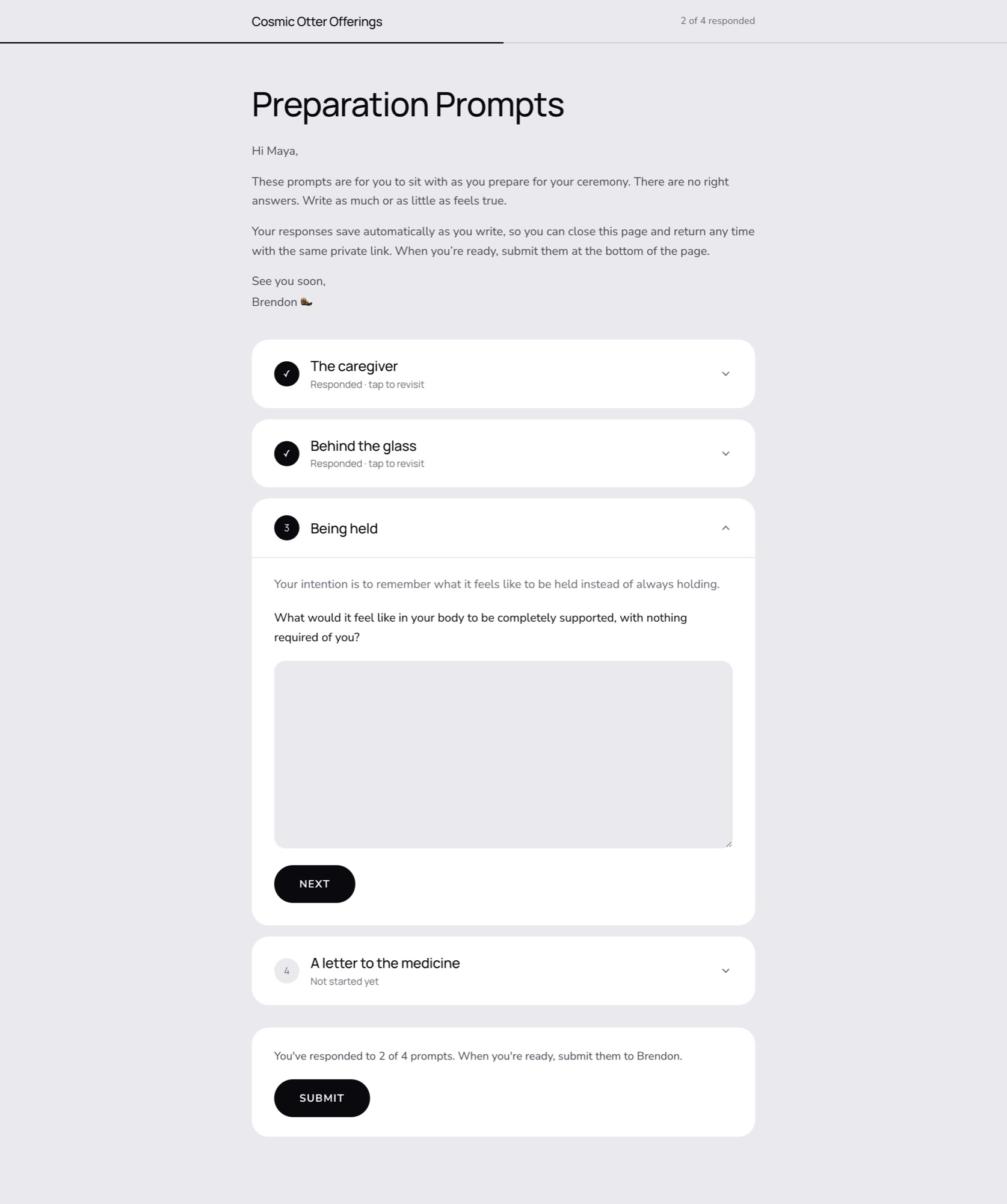 Preparation prompts on a private page